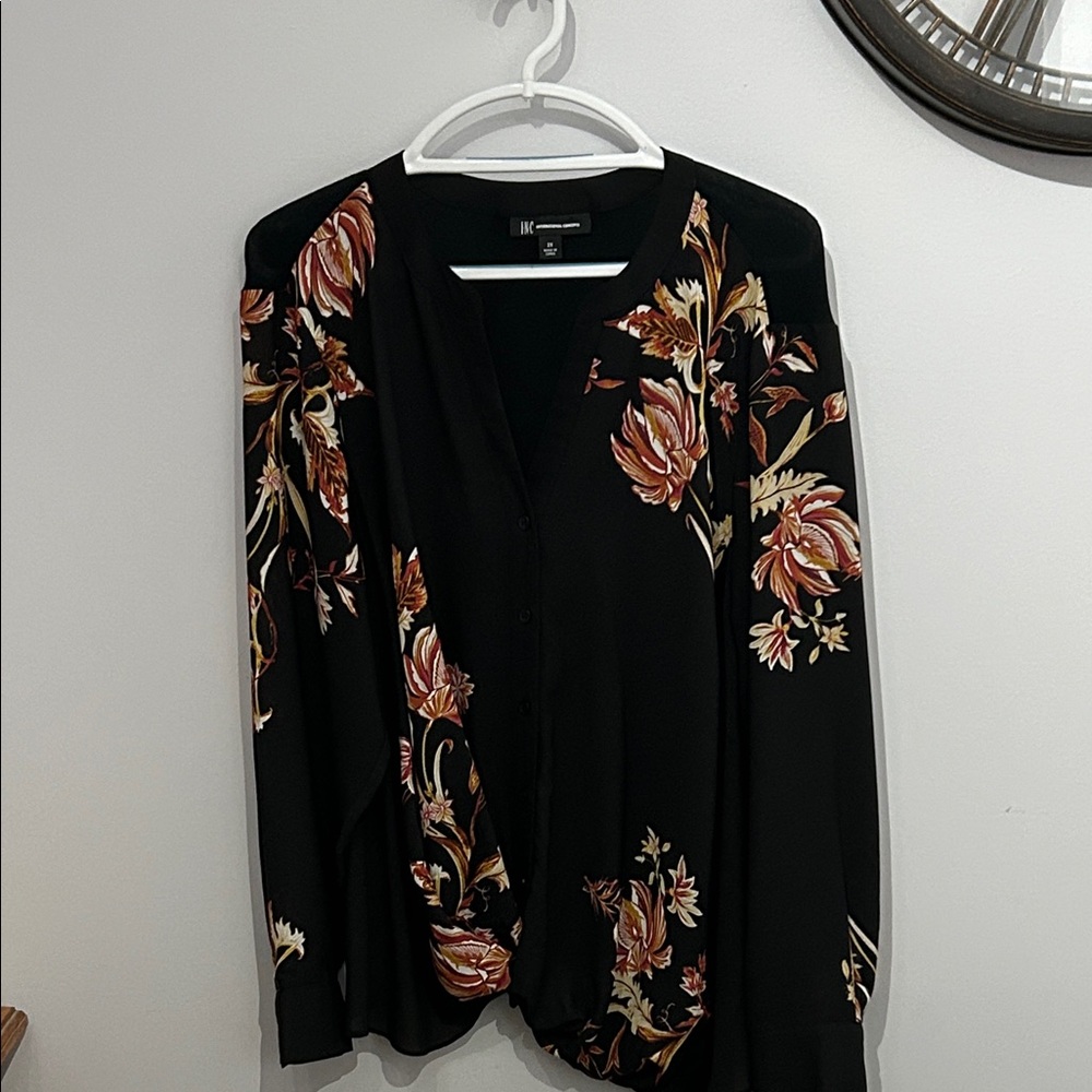 INC International Concepts Black Top with Floral Design